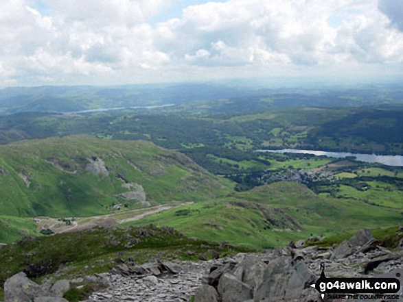 Walk c123 The Old Man of Coniston and Swirl How from Walna Scar Road, Coniston - Coniston Village and Coniston Water from The Old Man of Coniston