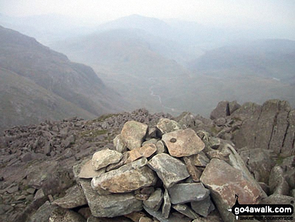 Harter Fell (Eskdale) (back), Hard Knott and The Lingcove Valley from Bow Fell (Bowfell) summit cairn