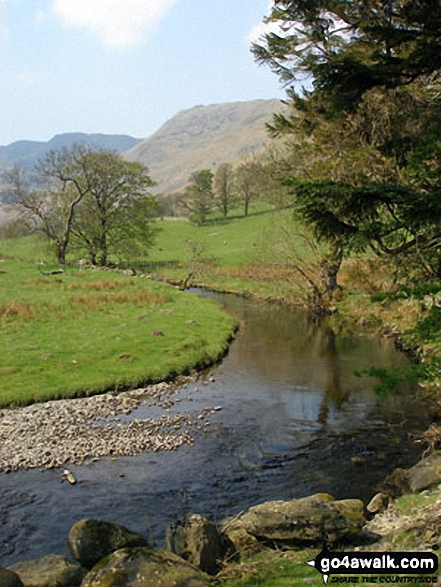 Walk c427 Helvellyn via Striding Edge from Patterdale - Grisedale Beck with Helvellyn and Birkhouse Moor beyond