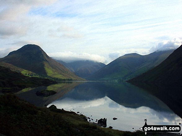 Walk c111 Scafell Pike from Wasdale Head, Wast Water - Yewbarrow (left), Great Gable (centre in cloud), Lingmell and the shoulder or Scafell Pike (right) from across Wast Water