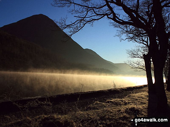 Walk c196 Grasmoor and Rannerdale Knotts from Lanthwaite Green - Early morning mist catches the low light on Crummock Water with the towering Grasmoor beyond