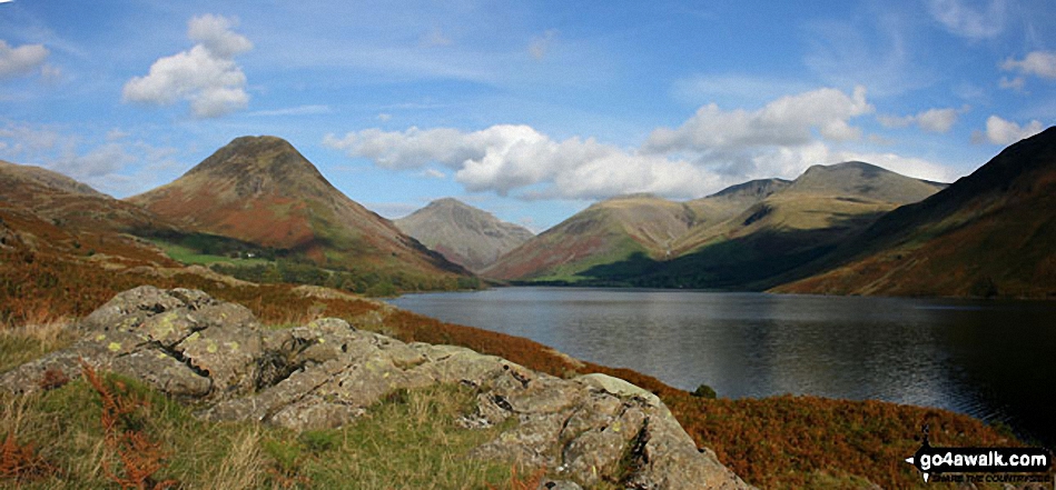 Walk c453 The Scafell Mountains from Wasdale Head, Wast Water - Britain's Favourite View - Yewbarrow, Great Gable, Lingmell, Great End, Sca Fell and the shoulder of Illgill Head (far right) from Wast Water