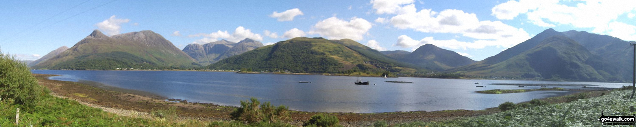 The Pap of Glencoe, The Three Sisters of Glen Coe, Meall Mor, Beinn Fhionnlaidh, Sgorr Dhearg, Beinn a’ Bheithir and Sgorr Dhonuill from across Loch Leven