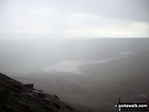 Walk gm150 Great Dove Stone Rocks Stable Stones Brow (Hoarstone Edge) from Dove Stone Reservoir, Greenfield - Dovestone Reservoir appearing through the mist from Stable Stones Brow (Hoarstone Edge)