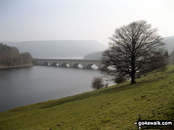 The road bridge (A57) across Ladybower Reservoir with Bamford Moor in the background from near Crookhill Farm on the lower slopes of Crook Hill (Ladybower)