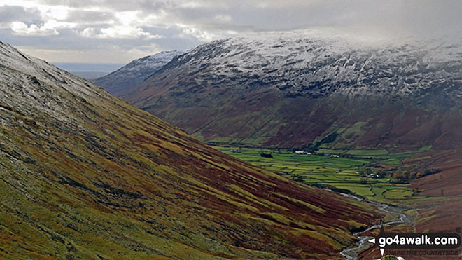 A dusting of snow on the shoulder of Lingmell (left), Middle Fell (centre left in the distance) and Yewbarrow above Wasdale from Sty Head