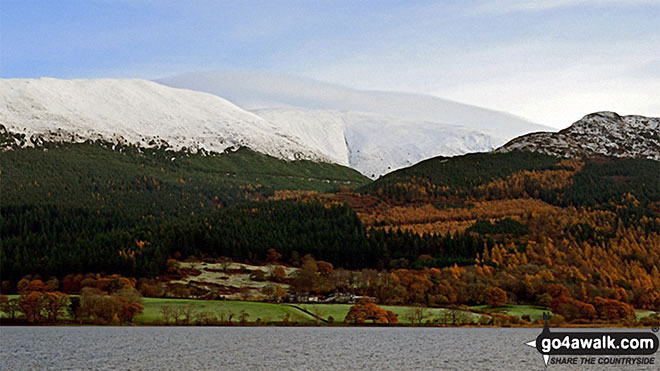 Snow on Carl Side (left), Skiddaw (centre) and Dodd (Skiddaw) across Bassenthwaite Lake from Woodend Brow