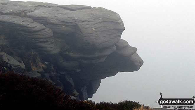 Walk d186 Kinder Scout and Kinder Downfall from Bowden Bridge, Hayfield - Sculptured rocks on a misty Kinder Scout