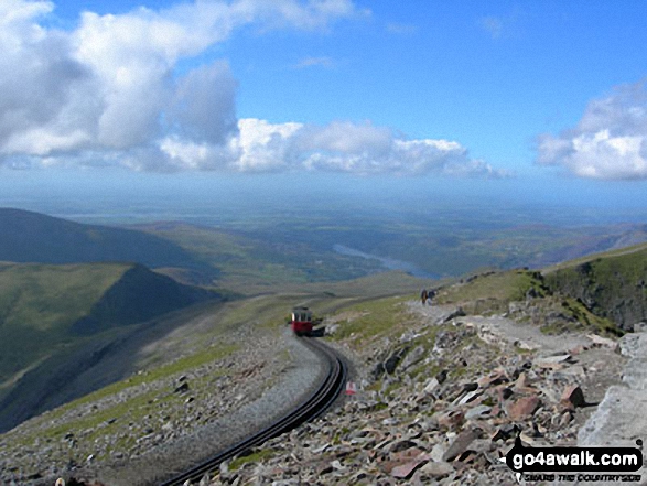 Walk gw126 Snowdon via The Llanberis Path - Llyn Peris, Llanberis and the Snowdon Mountain Railway from Snowdon (Yr Wyddfa)