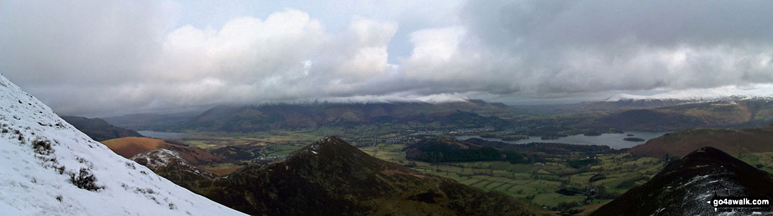 Barrow and Rowling End, with Keswick and Derwent Water beyond and Skiddaw and Blecathra (or Saddleback) in the background from Causey Pike