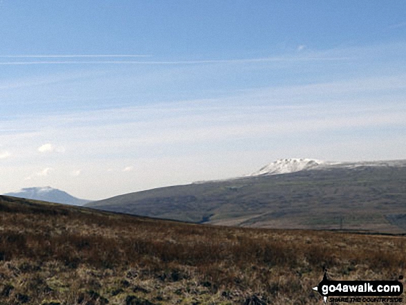 Walk c319 Cross Wold from Dent Railway Station - Snow on Whernside (left) and Pen-y-ghent from the path up Great Knoutberry Hill (Widdale Fell)