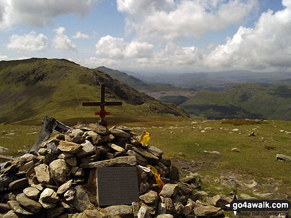 Walk c303 Swirl How and Wetherlam from Little Langdale - The cairn and plane crash memorial on the summit of Great Carrs