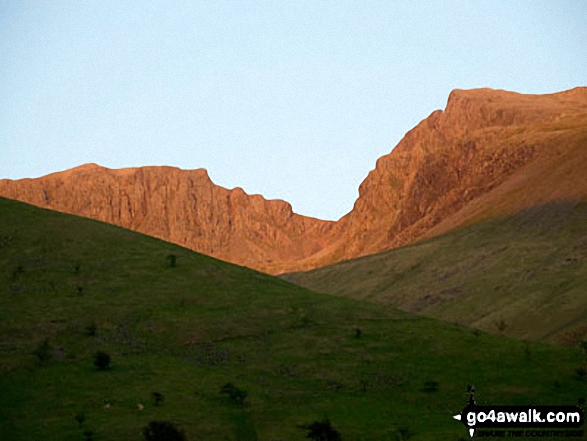 Walk c431 The Wet Sleddale Wainwright Outlying Fells - Scafell Pike, Mickledore and Sca Fell at sunset from Wasdale