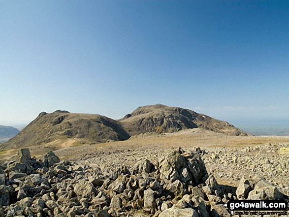 Walk c215 Scafell Pike from Seathwaite (Borrowdale) - Ill Crag (left) with Broad Crag below Scafell Pike from Great End summit