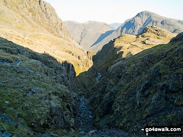 Walk c454 Scafell Pike via The Corridor Route from Seathwaite (Borrowdale) - Piers Gill with Lingmell (near left) and Kirk Fell (centre) and Great Gable (right) on the horizon