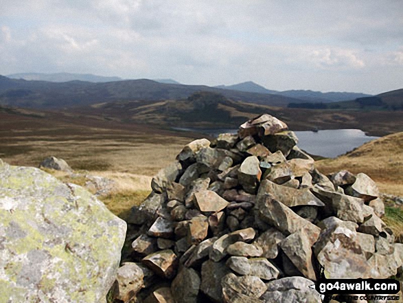 Walk c462 The Devoke Water Fells from Birker Fell - Water Crag (Birker Fell) summit cairn with Devoke Water beyond