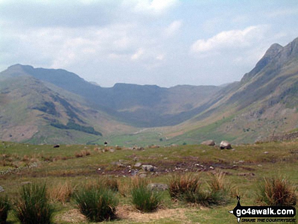 Walk c416 Scafell Pike from The Old Dungeon Ghyll, Great Langdale - The Band (left), Bow Fell (Bowfell), Esk Pike (centre) and Pike of Stickle (far right) surround Mickleden from Great Langdale