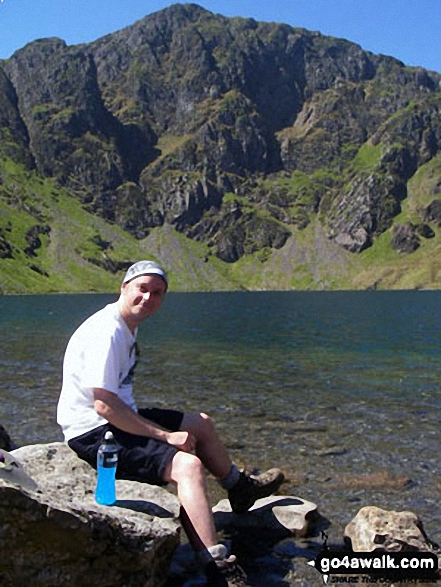 Walk gw142 Cadair Idris (Penygadair)  via The Minffordd Path - My mate Tony at Llyn Cau on the Minffordd Path with Cadair Idris in the background