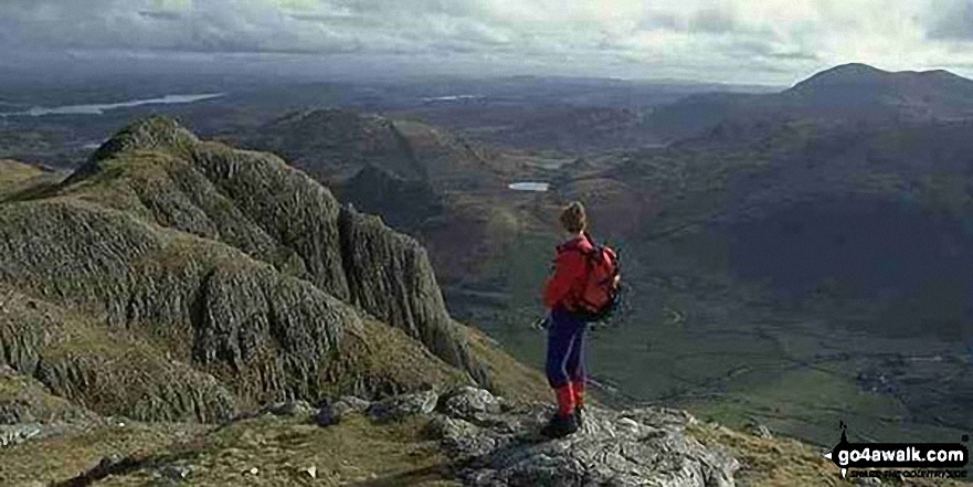 Me on the summit of Pike of Stickle, The Langdale Pikes with Windermere (far left), Loft Crag (near left), Lingmoor Fell (across Great Langdale), Blea Tarn (centre) and Pike of Blisco (right)