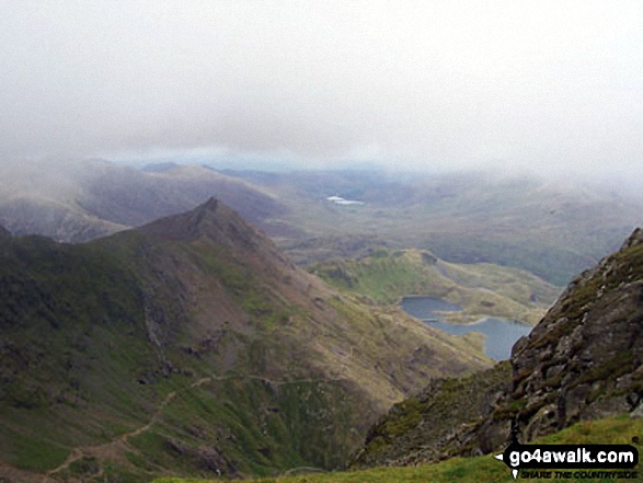 Walk gw126 Snowdon via The Llanberis Path - Crib Goch (with The PYG Track/Miners' Track running down its east flank) and Llyn Llydaw from Bwlch Glas just below the summit of Mount Snowdon (Yr Wyddfa)