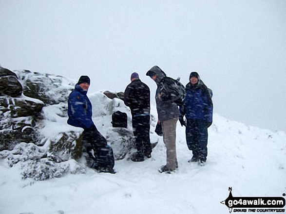 Walk d288 Winhill Pike from Hope - Jimbles, Langy, Big Truck & Mozzer on the summit of Winhill Pike (Win Hill) during a blizzard