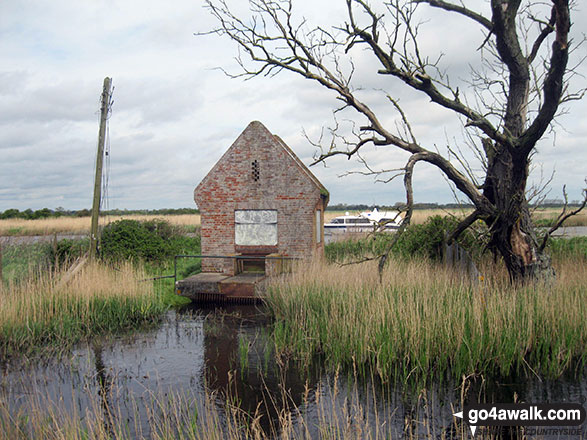 Walk nf117 The River Bure from South Walsham Broad (Pilson Green) - Hut at the path junction on South Walsham Marshes with the River Bure beyond