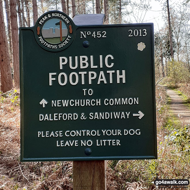 Walk ch235 Newchurch Common from Whitegate - Peaks and Northern Footpaths Society Sign for<br>Footpath No. 452 to Newchurch Common