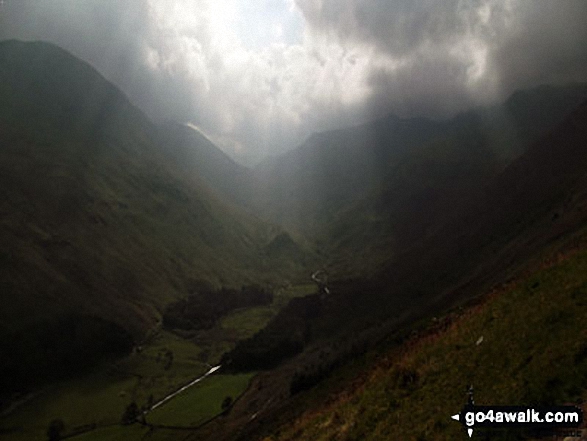 Walk c427 Helvellyn via Striding Edge from Patterdale - Storms brewing over St Sunday Crag (far left), Fairfield (left) and Dollywaggon Pike (right) and Grisedale from Brownend Plantation