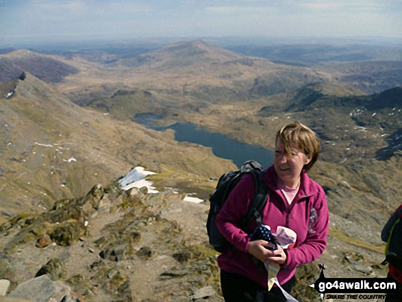 Walk gw140 Snowdon via The Rhyd-Ddu Path - On the summit of Snowdon (Yr Wyddfa) with Crib Goch (left) and Llyn Llydaw (right) in the background