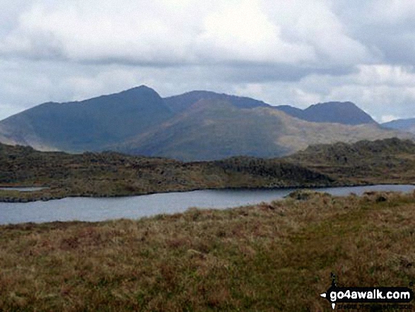 Walk gw224 Cnicht, Hafod-yr-Hydd and Moelwyn Mawr from Croesor - Snowdon (Yr Wyddfa), Garnedd Ugain (Crib y Ddysgl), Y Lliwedd (foreground) and Crib Gochrom from near Llyn yr Adar