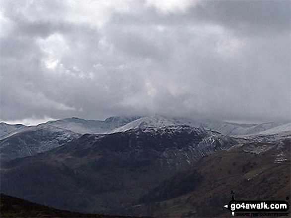 Striding Edge and Helvellyn (in mist) with Birkhouse Moor in front, Catstycam and Sheffield Pike from Gowbarrow Fell (Airy Crag)