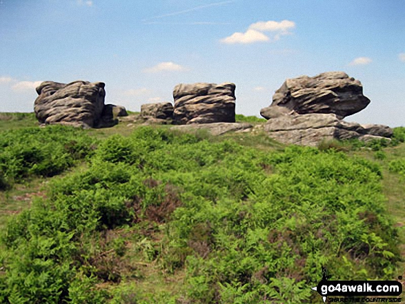 The three huge rocks known as 'Three Ships' on Birchen Edge