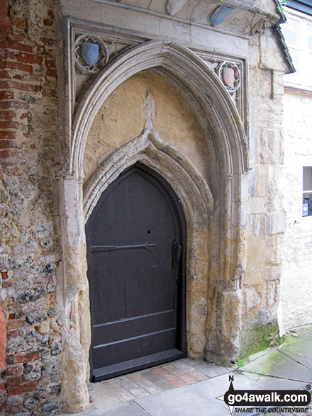 Walk nf101 Pulls Ferry and The River Wensum from Norwich - One of the original entrance doors to Dragon Hall, King Street, Norwich