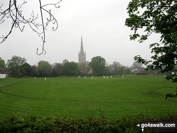 Walk nf101 Pulls Ferry and The River Wensum from Norwich - Cricket being played against the back drop of Norwich Cathedral