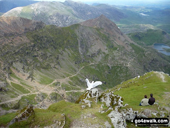 Walk gw126 Snowdon via The Llanberis Path - Crib Goch (centre right) with the PYG Track (mid path) and the Miners' Track (coming up the valley) seen from the summit of Snowdon (Yr Wyddfa)