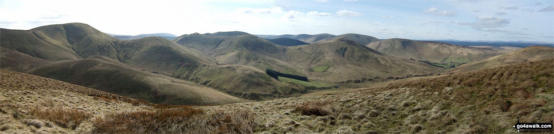 Walk bo107 Lightning Hill, Wether Law (Teviothead) and Tudhope Hill from Linhope Farm - Tudhope Hill, Carlin Tooth (Teviothead), Ellson Fell, Bye Hill, Dan's Hag, Frodshaw Height, Pikethaw Hill, Wisp Hill and Comb Hill (Langhope Height) and The Mosspaul Hotel from Wether Law (Teviothead)