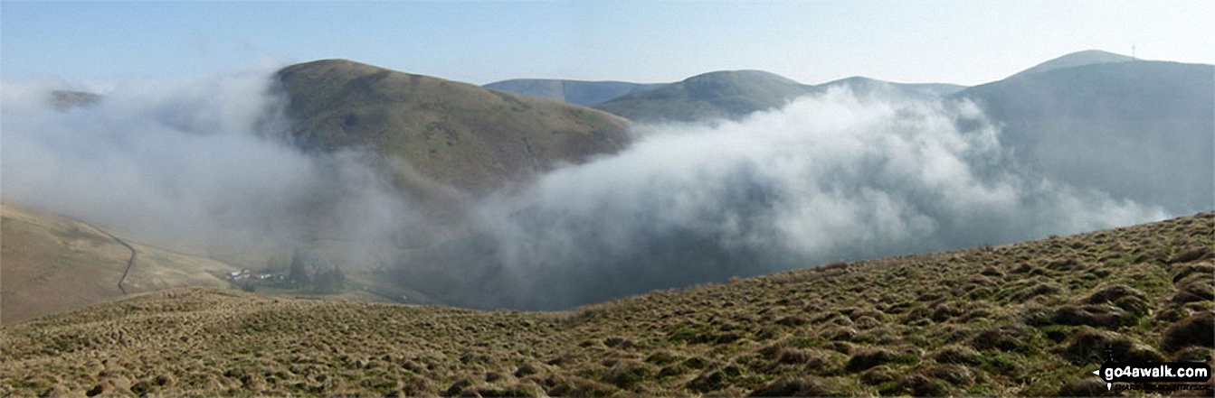 The Mosspaul Hotel, Dod Hill (Teviothead), Carlin Tooth (Teviothead) and Ellson Fell from Wisp Hill (Teviothead) during a temperature inversion