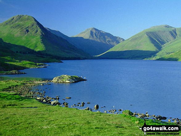 Wasdale Head featuring Yewbarrow (left), Great Gable (centre) and Lingmell (right) from across Wast Water