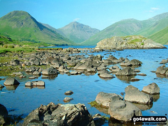 Walk c423 The Wast Water Round from Wasdale Head, Wast Water - Wasdale Head featuring Yewbarrow (left), the shoulder of Kirk Fell, Great Gable (centre) and Lingmell (right) from across Wast Water