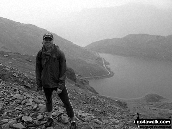 Walk gw198 The Welsh 3000's (Snowdon Area) from Pen-y-Pass - My sister on the Miners' Track up Snowdon with Glaslyn in the background