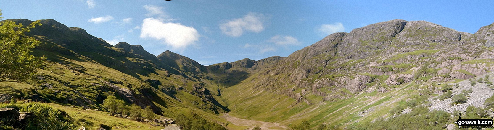 Beinn Fhada (Stob Coire Sgreamhach) (left), Stob Coire Sgreamhach (centre left), Bidean Nam Bian (centre right) and Gearr Aonach (right) from Coire Gabhail (The 'Lost Valley' of Glen Coe)