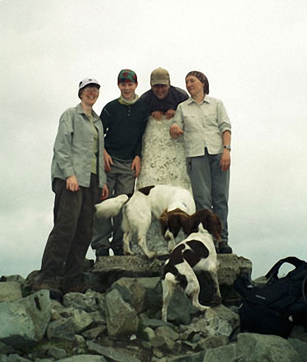 My son, two friends and their dogs and me on the summit of Cadair Idris