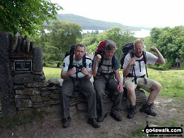 Iain, Tim and I finishing the mammoth 80 odd mile Dales Way walk at Windermere on the finishing seat