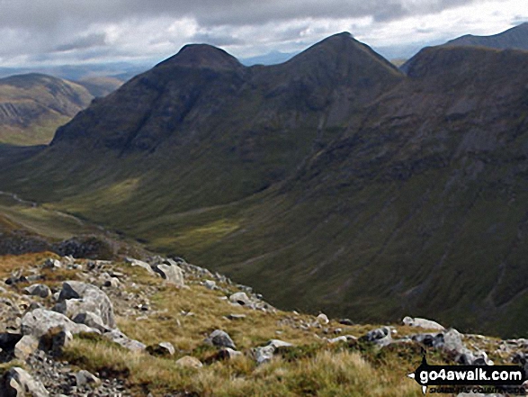 Walk h179 Stob Coire Raineach (Buachaille Etive Beag) and Buachaille Etive Beag (Stob Dubh) via Lairig Gartain from The Pass of Glencoe - Buachaille Etive Mor (Stob Dearg) (left), Stob na Doire (Buachaille Etive Mor) and Stob Coire Altruim (Buachaille Etive Mor) from the summit of Buachaille Etive Beag (Stob Dubh)