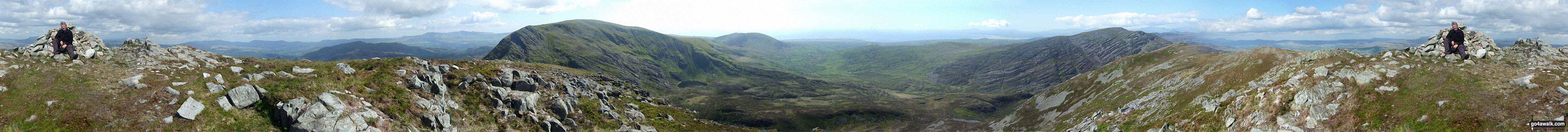 360 panorama from the summit of Rhinog Fach featuring: Rhinog Fach. Cadair Idris (in the distance), Y Llethr, Moelfre (Rhinogs), Cwm Nantcol and Rhinog Fach