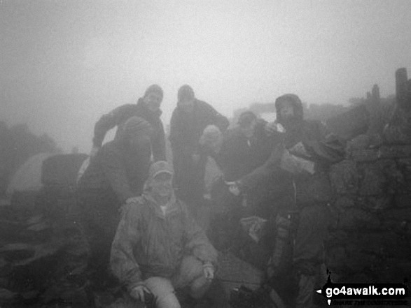 Walk h100 Ben Nevis via The Tourist Path from Achintee, Fort William - Me (in shorts) and the rest of The 3 Peaks Team on Ben Nevis Summit