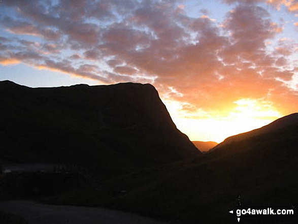 Walk c241 Great Gable and Honister Pass from Seatoller (Borrowdale) - The setting sun on Honister Pass