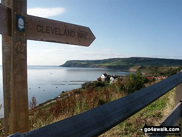 Walk ny155 Ravenscar from Robin Hood's Bay - Cleveland Way National Trail sign at Robin Hood's Bay, with Ravenscar beyond