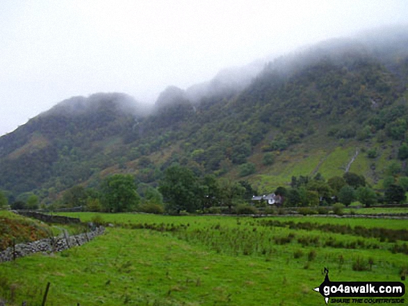 The Stonethwaite Valley with Great Crag, White Crag and High Crag beyond from Greenup Gill on the lower slopes of Eagle Crag