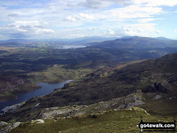 Tanygrisiau Reservoir (bottom left), Llyn Trawsfynydd and Moel Ysgyfarnogod (distance right) from the summit of Moel-yr-hydd